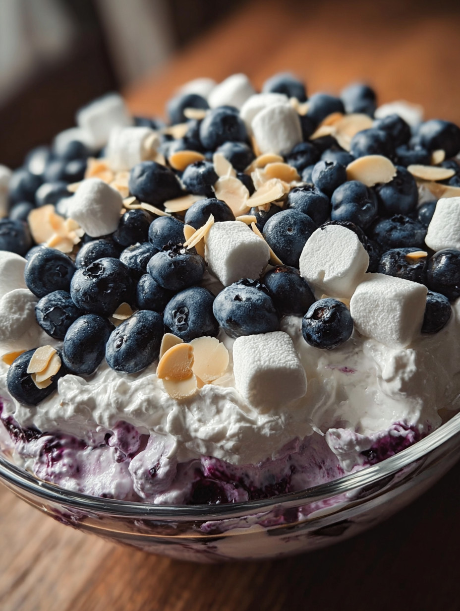 Ein Glas mit einer Mischung aus Schlagsahne, Blueberries und Walnüssen.
