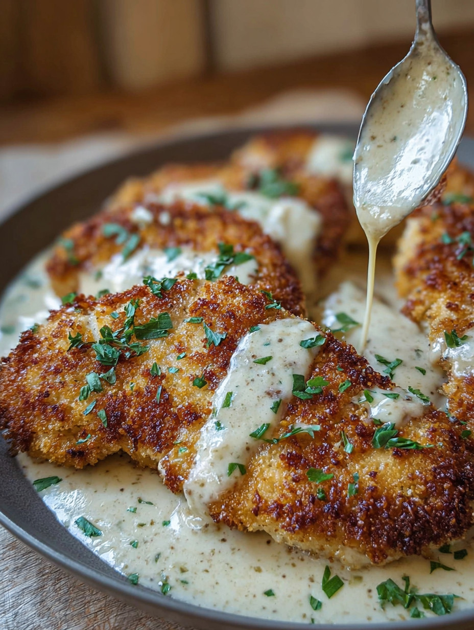 Ein Bild von Crispy Parmesan Chicken mit einer Creamy Garlic Sauce.