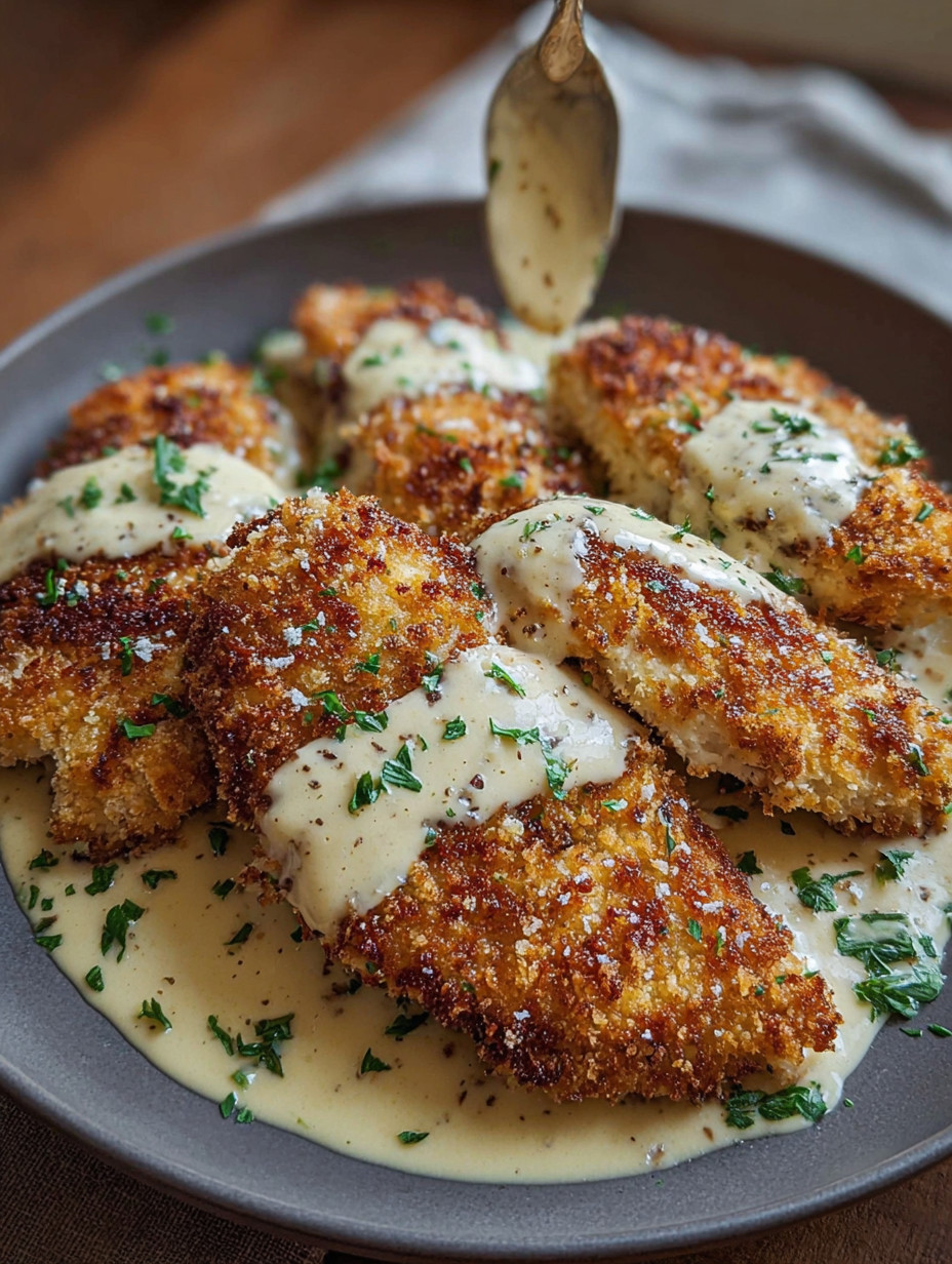 Ein Bild von Crispy Parmesan Chicken mit einer cremigen Garlic Sauce.