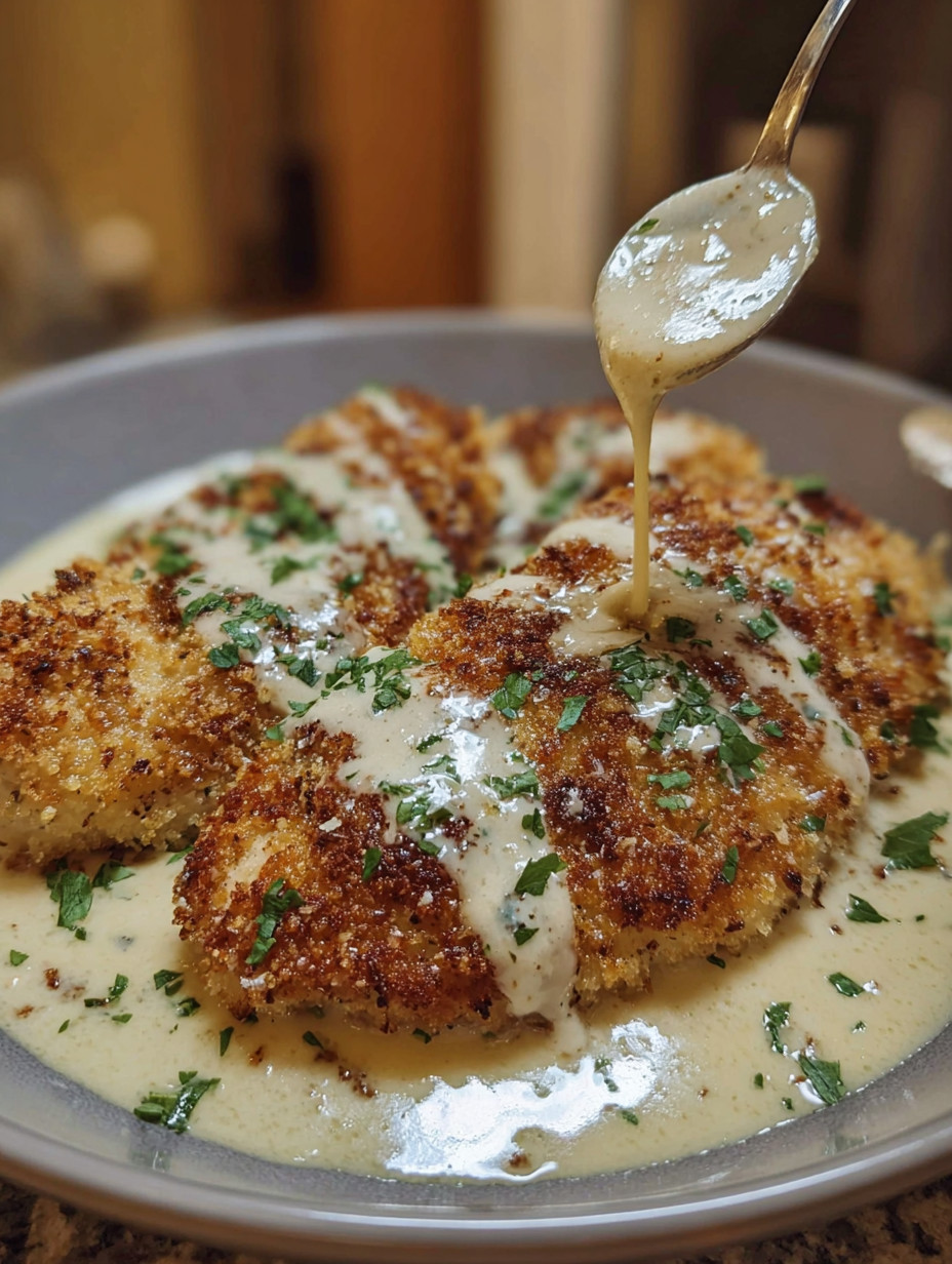 Ein Bild von einer Portion Crispy Parmesan Chicken mit einer cremigen Garlic Sauce.
