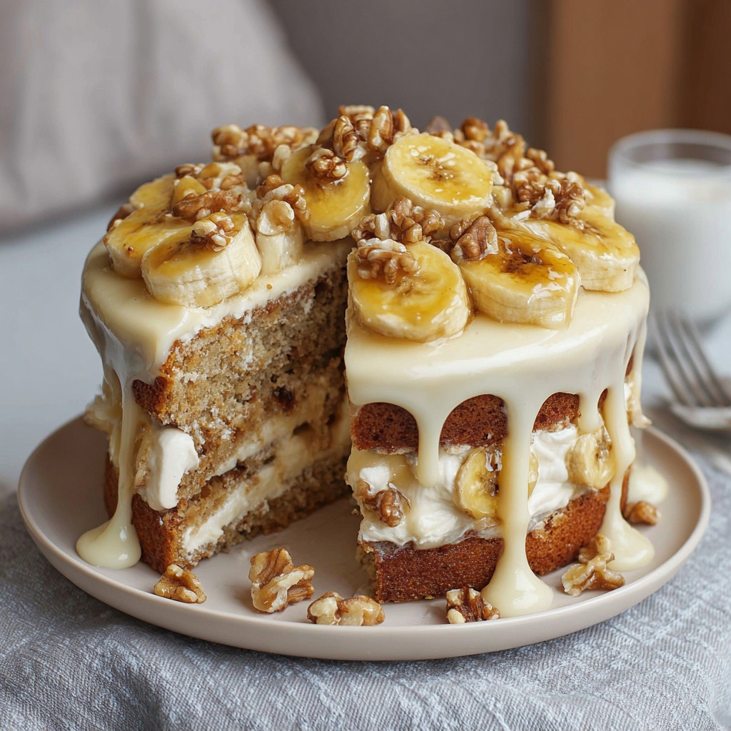Ein Cake mit Bananen und Walnüssen auf einem Plate.