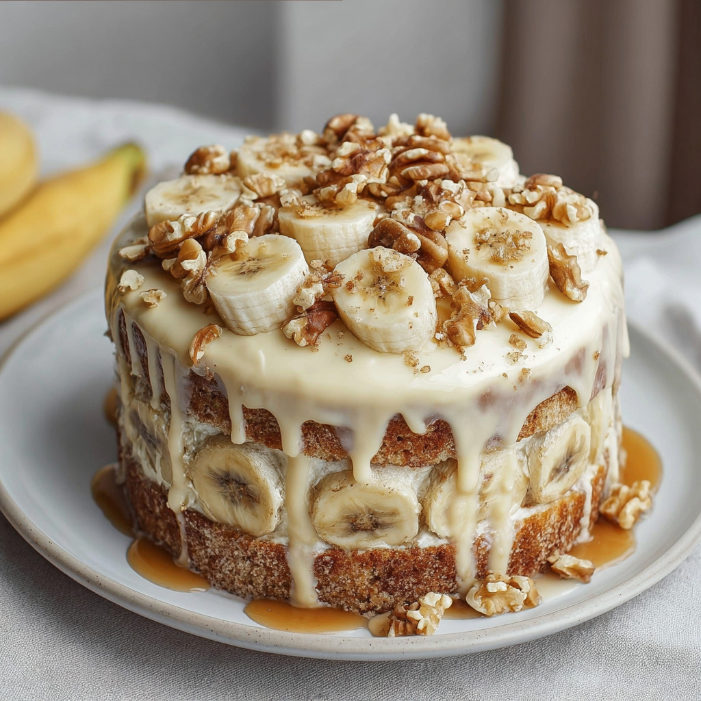 Ein Bananen-Walnuss-Kreuzkuchen auf einem Teller.