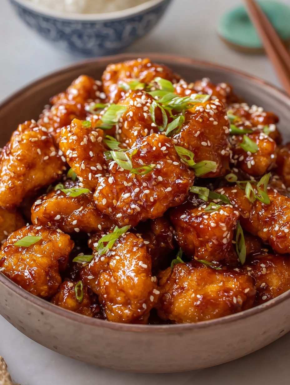 Ein Glas mit Honey Sesame Chicken, das mit Sesam und Honey zubereitet wurde.