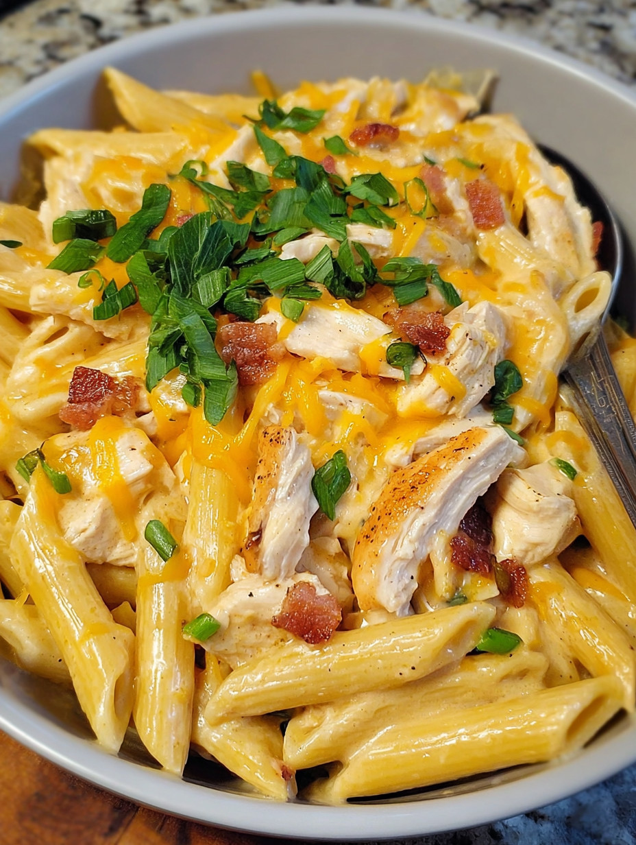 Ein Bild von Penne mit Chicken und Bacon.
