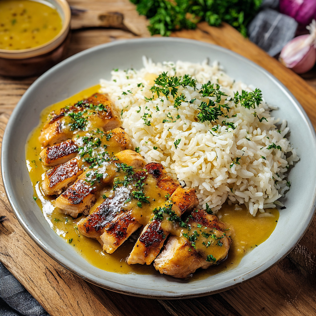 Ein Plate mit Hähnchen und Reis.