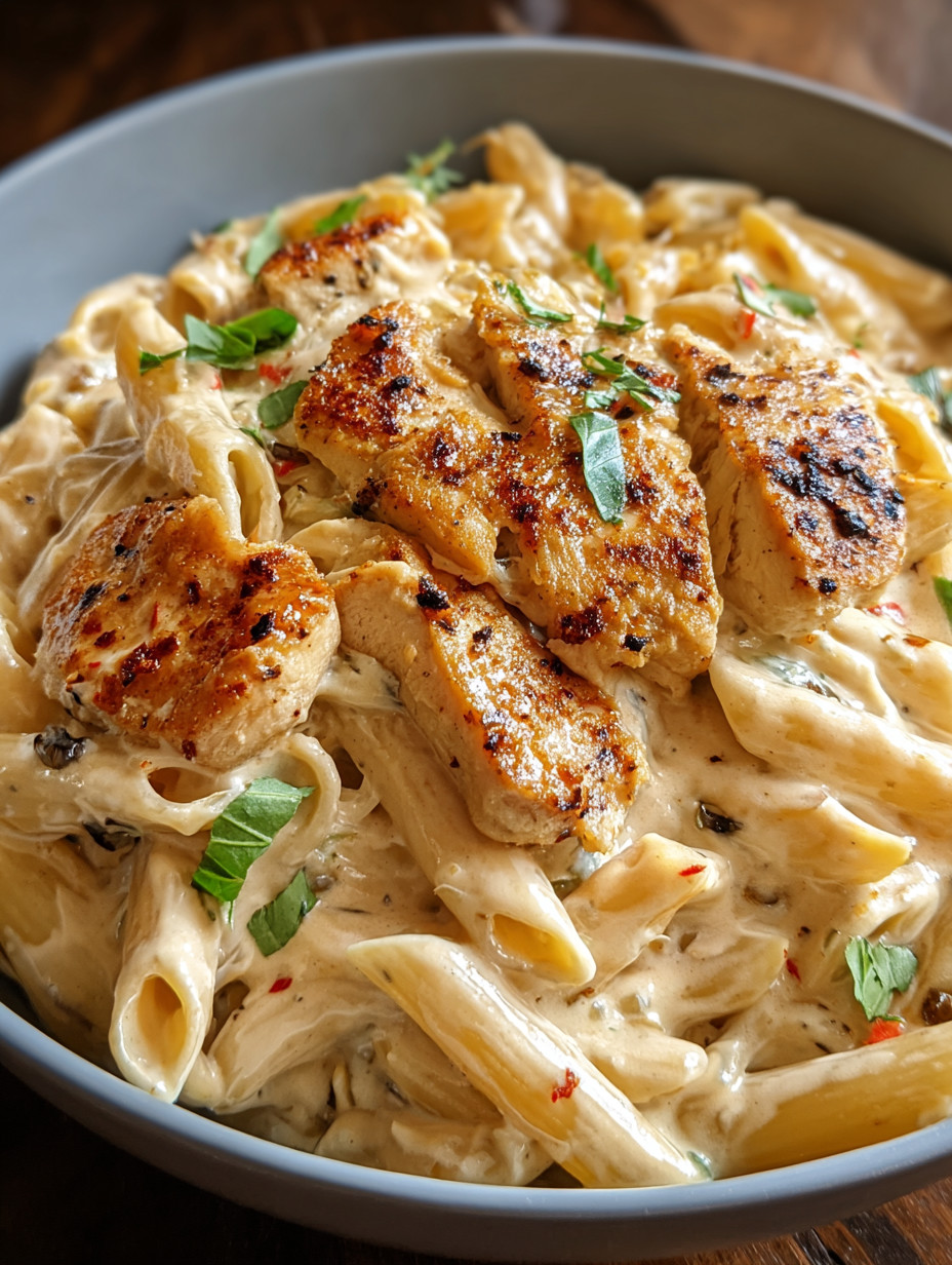 Ein Bild von einer creamy cajun chicken pasta, die in einem schwarzen und weißen Bowl auf einem Tisch präsentiert wird.
