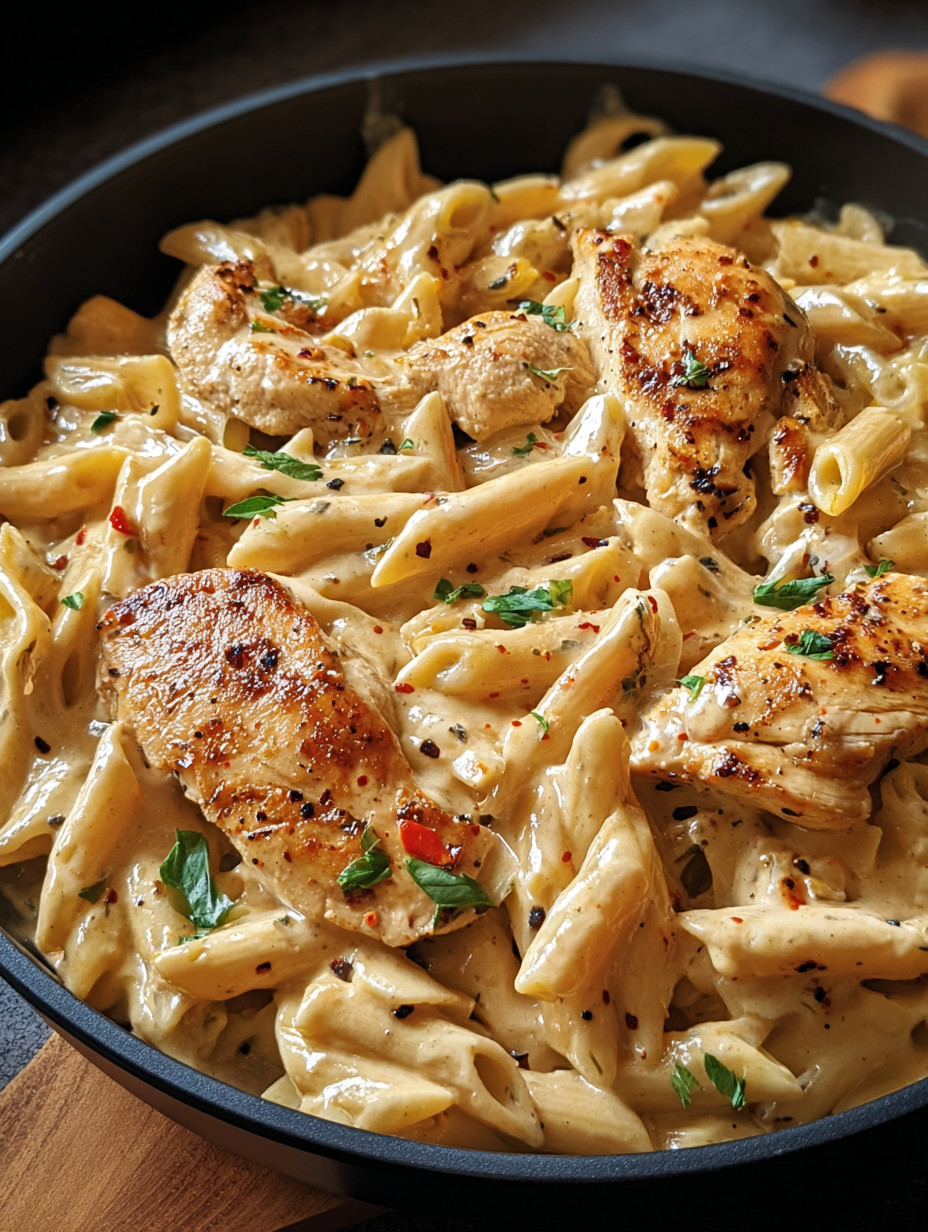 Eine Schüssel mit Pasta, Chicken und Zwiebeln.