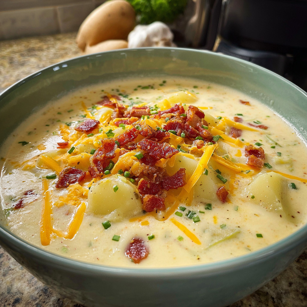 Ein großer, gefüllter Kartoffelsuppe-Bowl mit Bacon, Kartoffeln und Zwiebeln.
