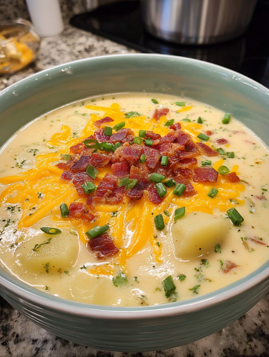 Ein weißer Teller mit einer cremigen, leckeren Suppe, die mit Bacon, Zwiebeln und Kartoffeln garniert ist.