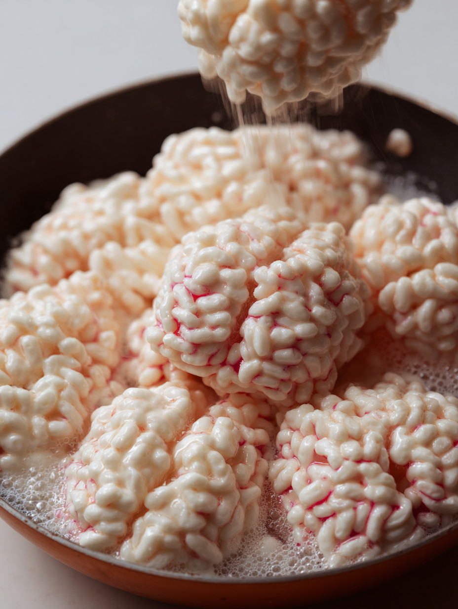 Ein Batch von Marshmallow Rice Bubbles, die in einem Topf auf einem Tisch liegen.