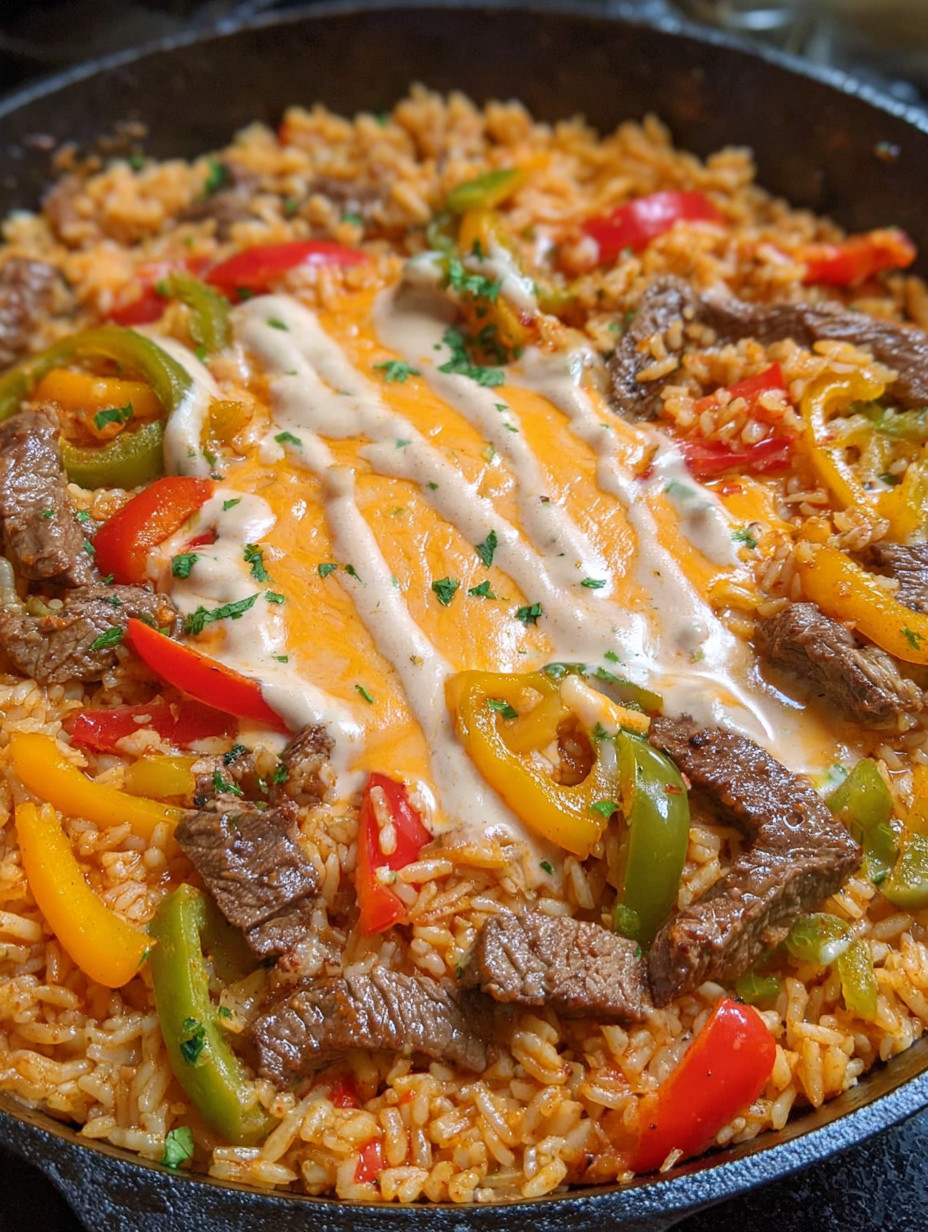 Ein Fajita-Skillet mit Rice, Steak, Tomaten, Paprika und Zwiebeln.