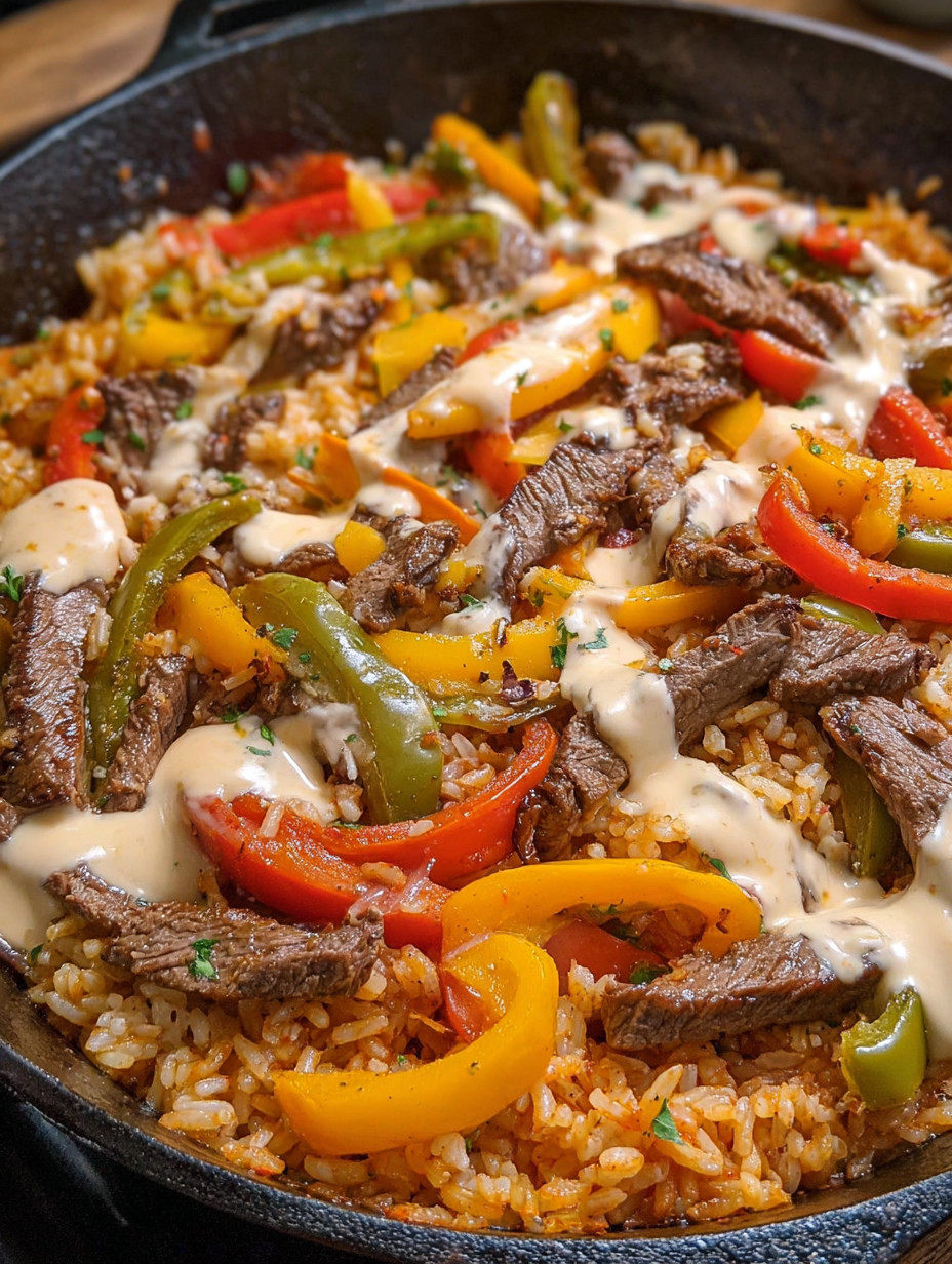 Ein Skillet mit einer Mischung aus Steak, Kartoffeln, Paprika, Zwiebeln und Queso.