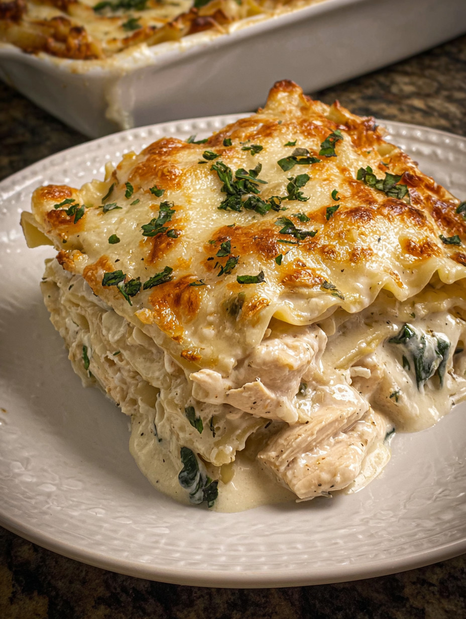 Ein weißer Teller mit einer Portion von Chicken Alfredo Lasagna.