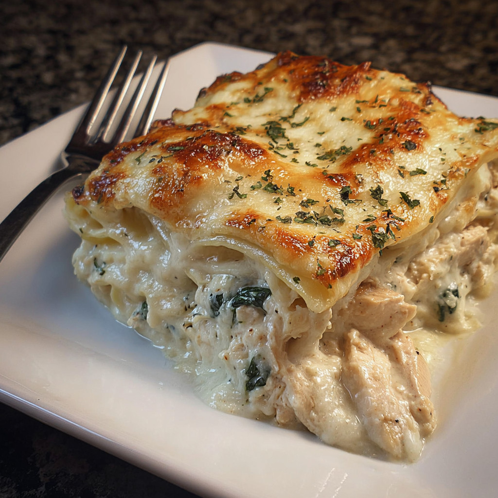 Ein Plate mit einer Portion von Chicken Alfredo Lasagna.