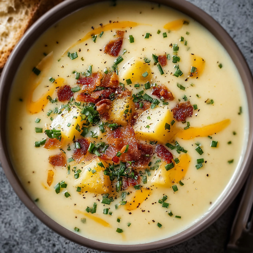 Ein Topf mit einer cremigen Kartoffelsuppe, die mit Bacon, Zwiebeln und Knoblauch garniert ist.