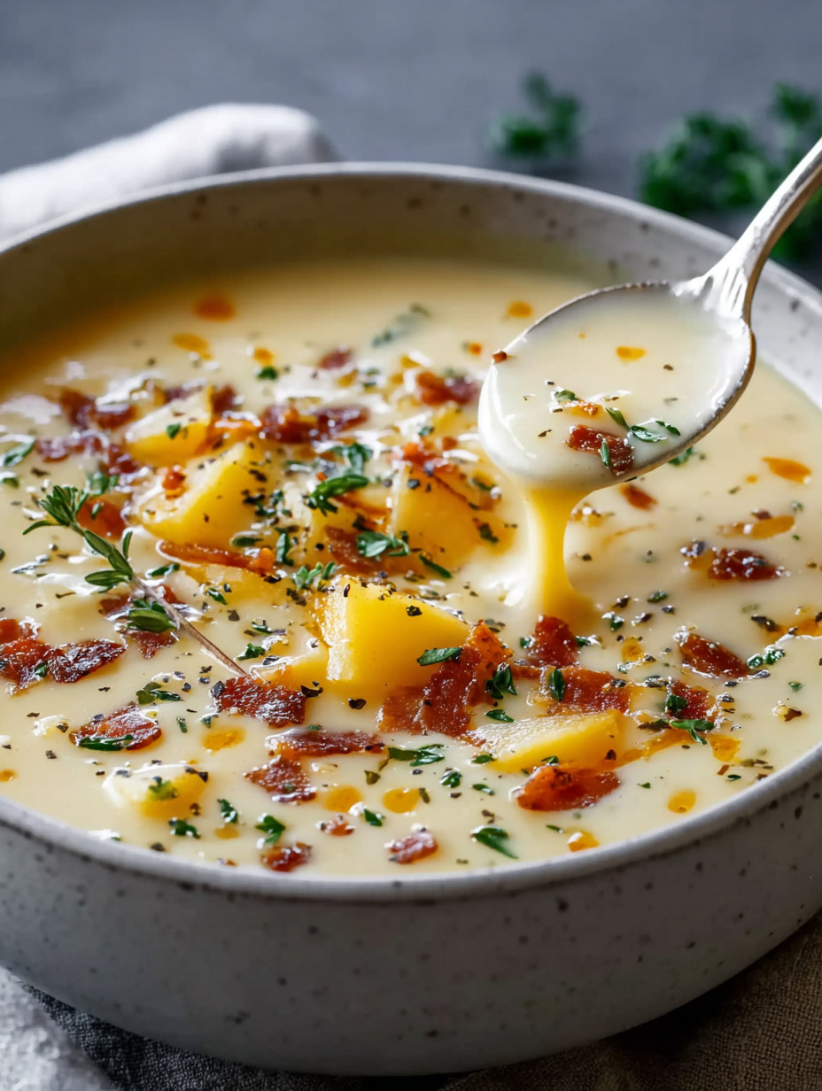 Ein Schalen mit Kartoffelsuppe, die mit einer Gabel gestochen wird.