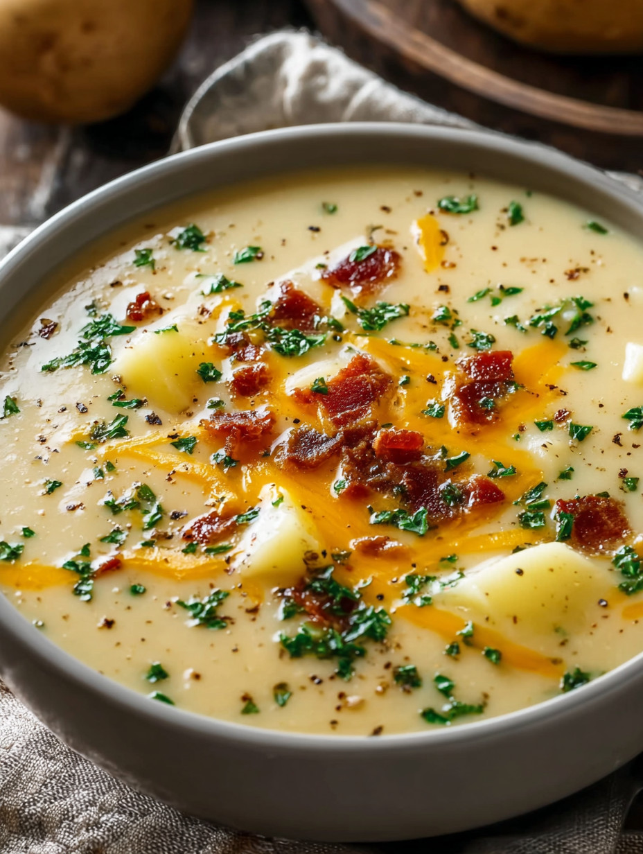 Ein Topf mit Kartoffelsuppe, die mit Bacon und Kräutern zubereitet wurde.