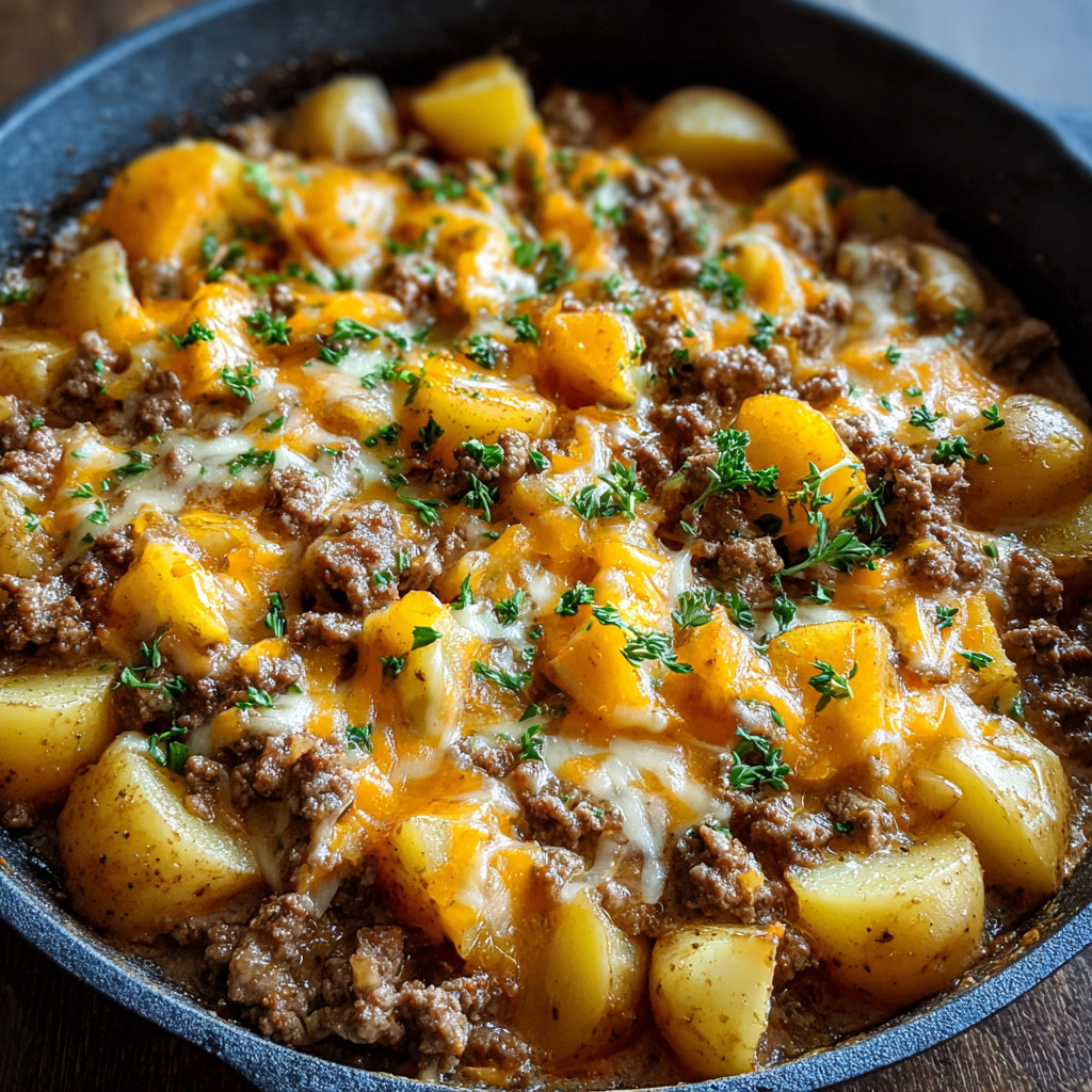 Ein Bild von einer Beef and Potatoes Rezept, das in einem Schüssel oder Topf zubereitet wurde. Es enthält Rindfleisch, Kartoffeln und Zwiebeln, die in einer Sauce oder Gravy serviert werden.