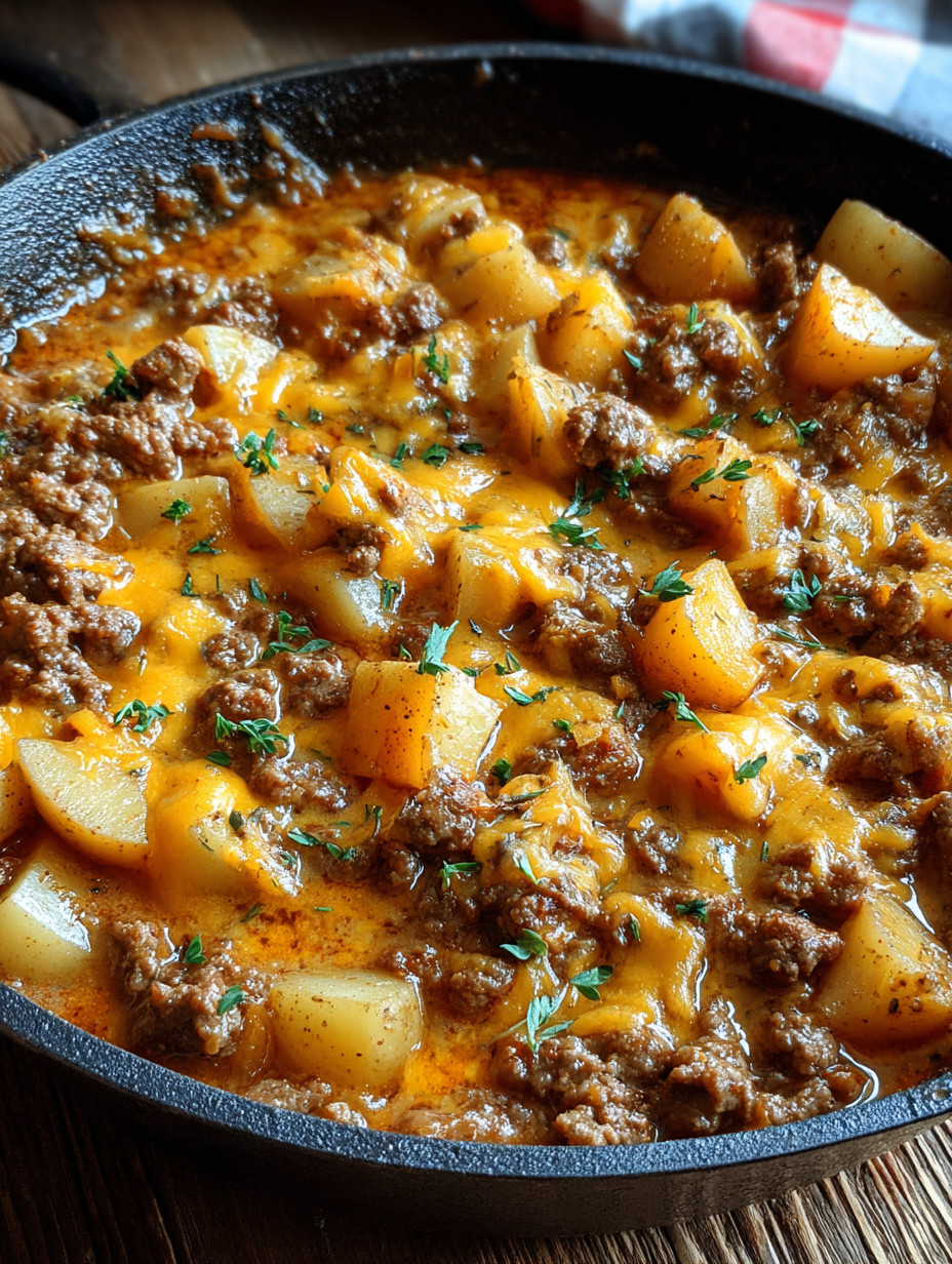 Ein Bild von einer Cheesy One Pot Beef and Potatoes Recipe, die in einem schwarzen Teller oder Kessel serviert wird. Es enthält verschiedene Zutaten wie Fleisch, Kartoffeln, Zwiebeln, Paprika, Knoblauch und Tomaten.