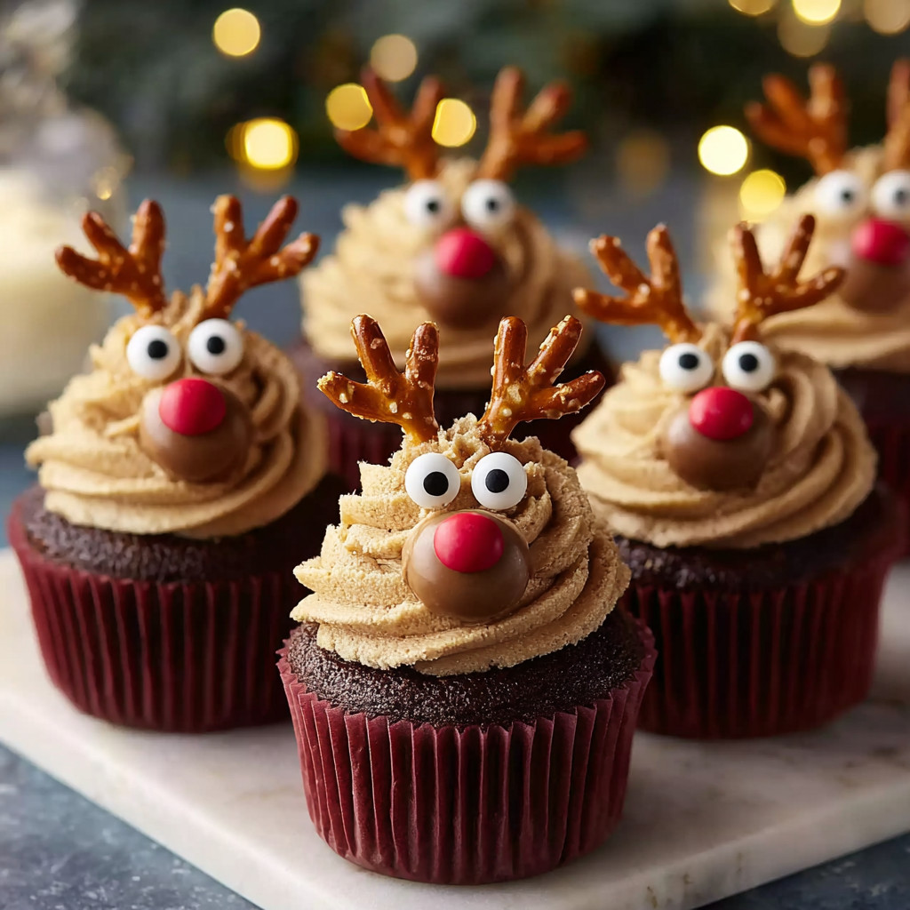 Eine Gruppe von sechs Reihercupcakes, die mit Schokoladenglasur und Reiherantennen verziert sind.