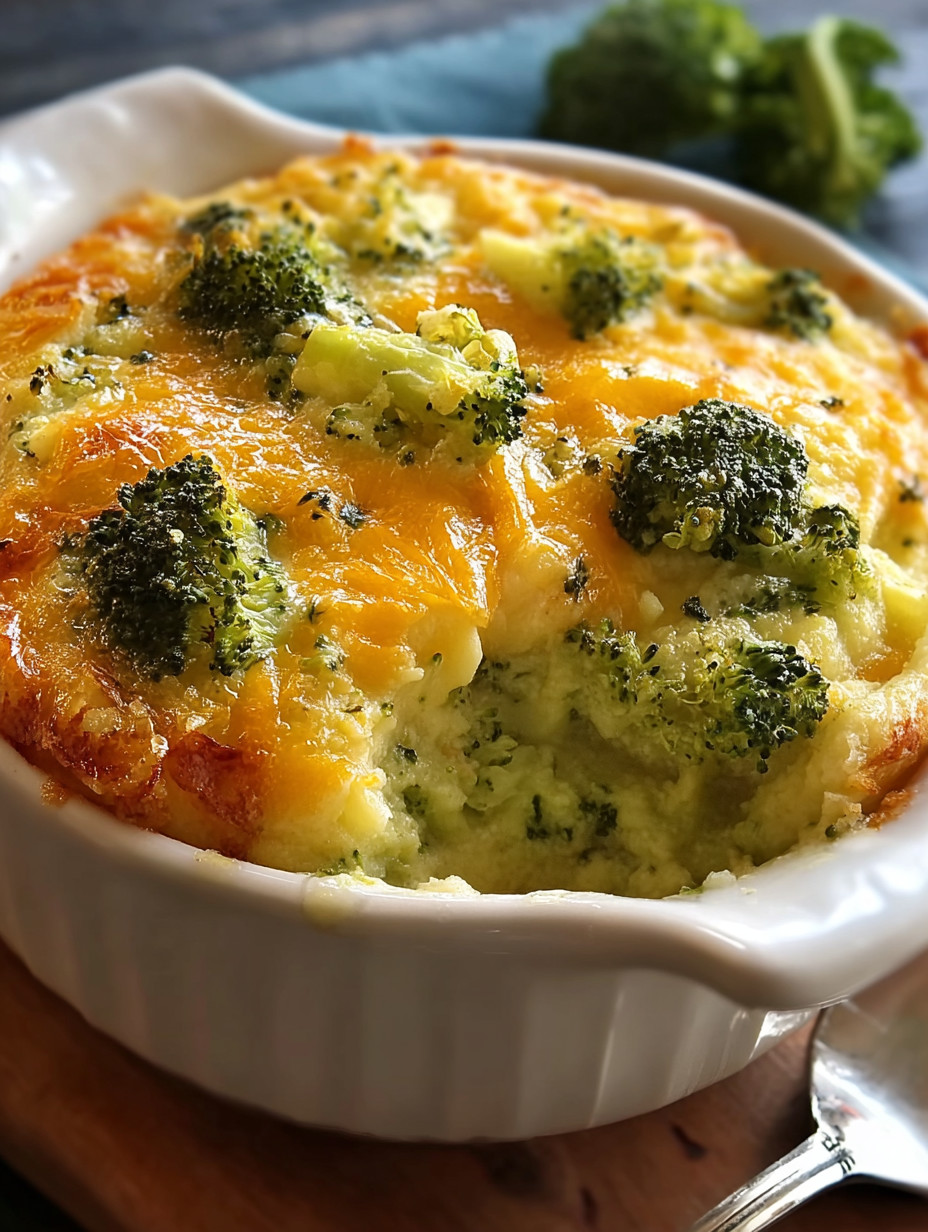 Ein Käse-Broccoli-Soufflé in einem weißen Behälter.