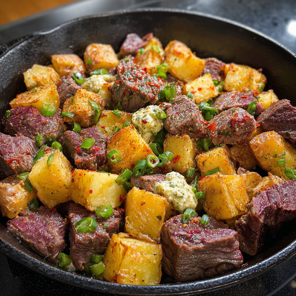 Ein Schmelztopf mit Steak, Potatoes und Butter.