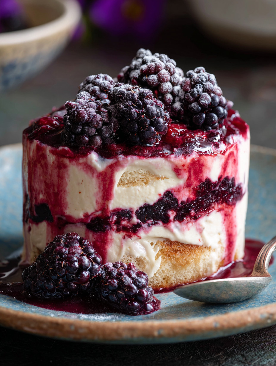 Eine Schüssel mit einem Dessert, das aus einer Mischung aus Eis, Zucker und Schokolade besteht. Darin sind auch Blackberries, die in die Mischung eingemischt wurden.