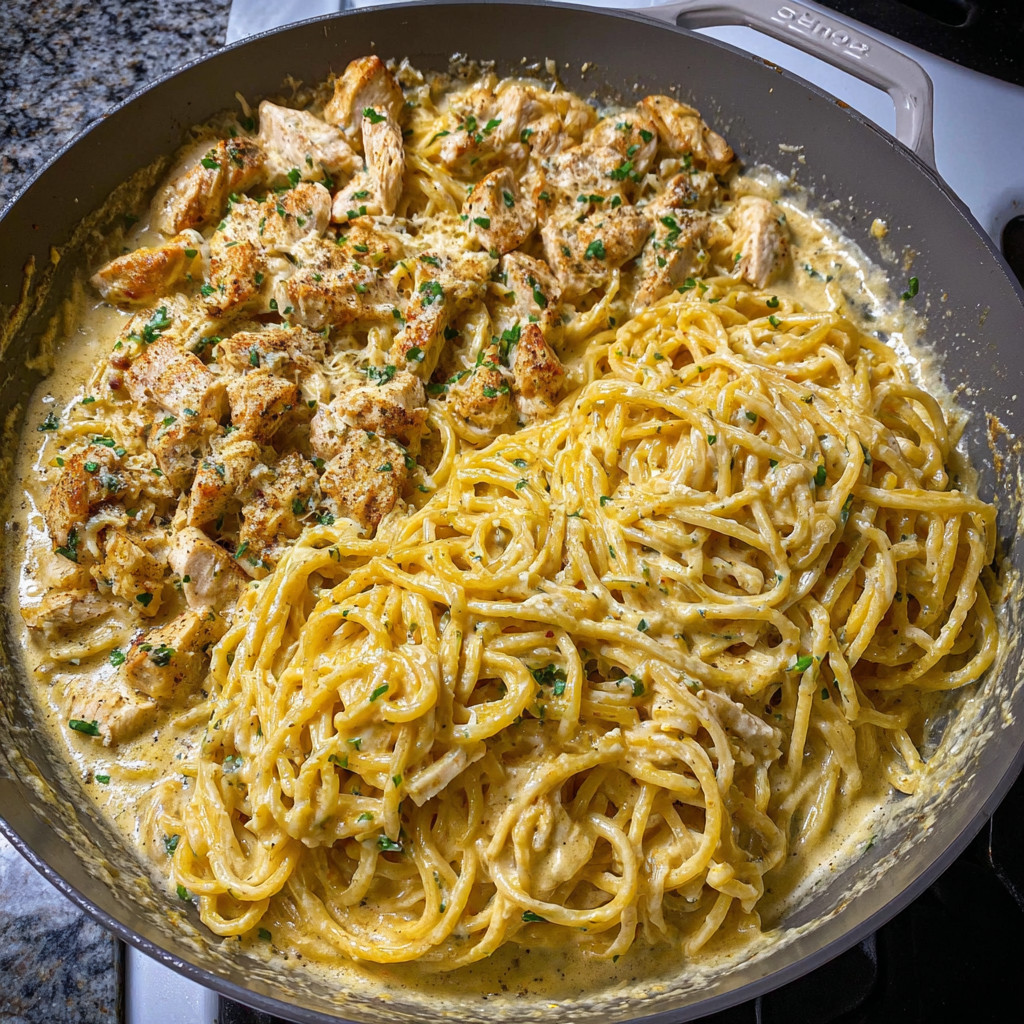 Ein Teller mit Spaghetti und Chicken, die mit Parmesan und Knoblauch gewürzt sind.