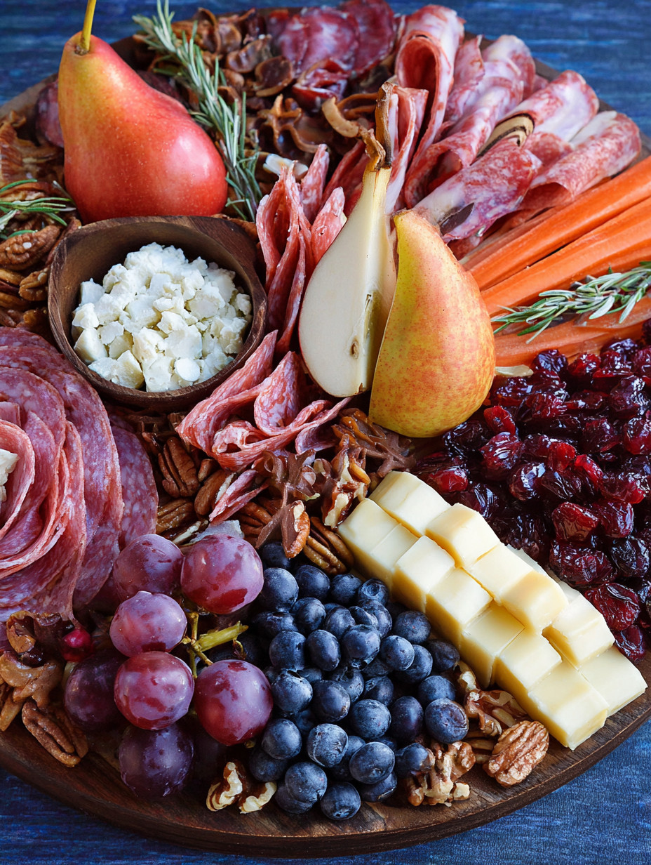 Eine prägnante Bildbeschreibung für das Bild mit dem Thanksgiving Charcuterie Board lautet: "Ein großer Charcuterie Board mit verschiedenen Zutaten wie Gurken, Apfel, Mandeln, Nüssen, Käse und Wurst".