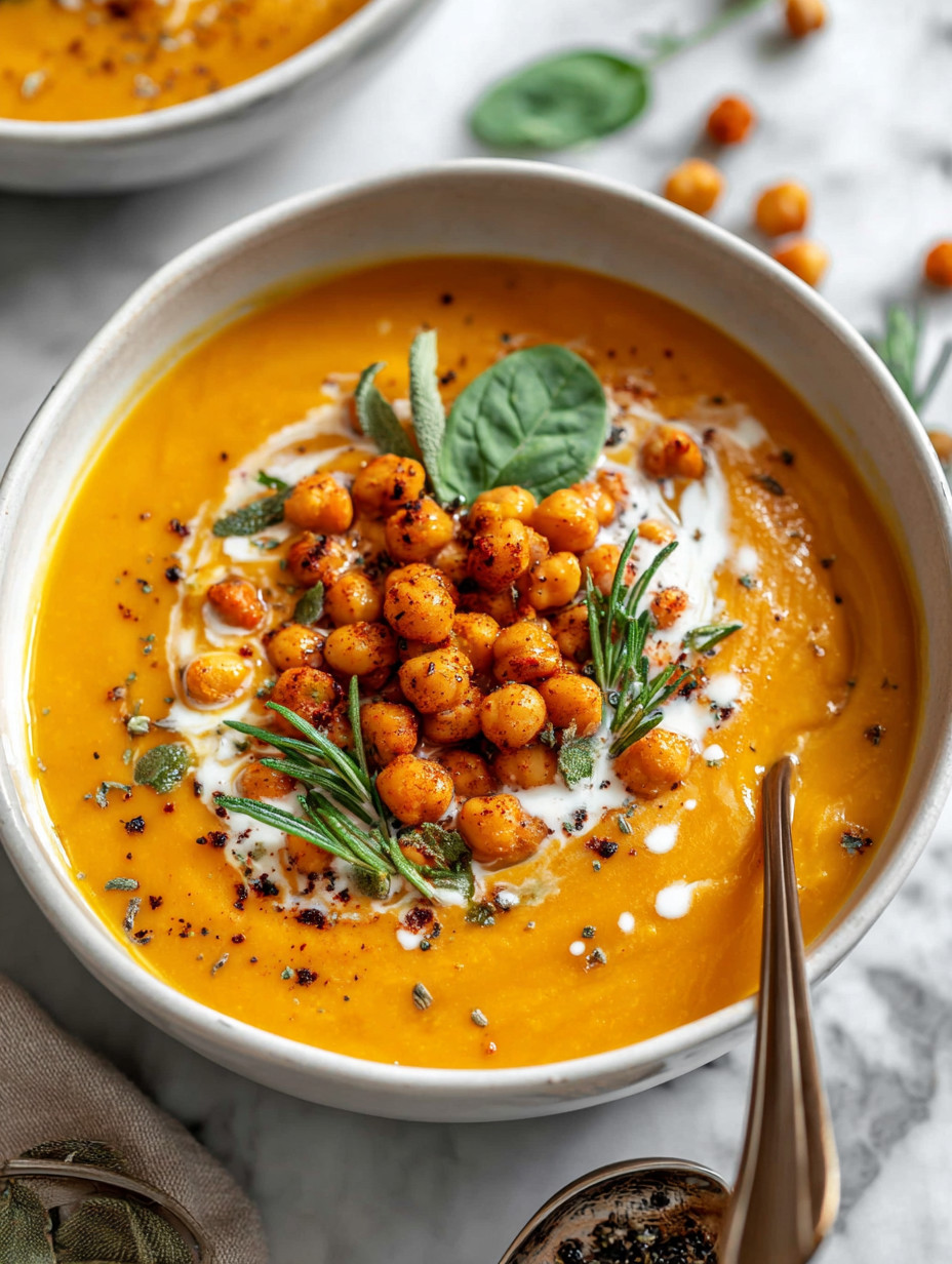 Ein weißer Becher mit einer cremigen, kräftigen und kräftigen Sweet Potato Curry Soup.