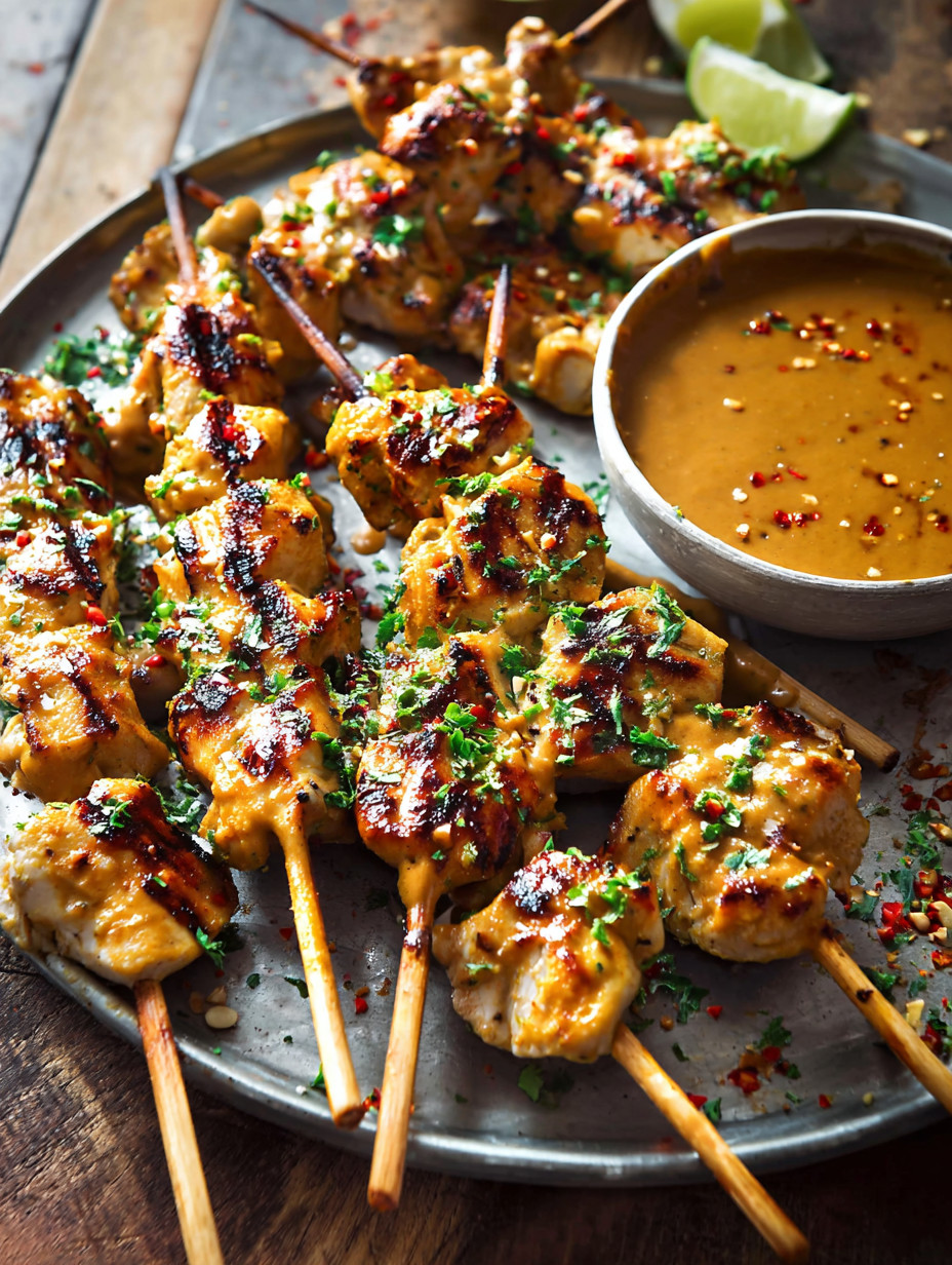 Eine Platte mit Easy Thai Coconut Chicken Skewers, die in einem Spicy Peanut Sauce dienen.