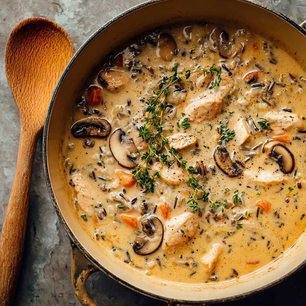 Ein Topf mit einer cremigen Chicken-Wild-Rice-Suppe, die mit Zwiebeln und Knoblauch garniert ist.