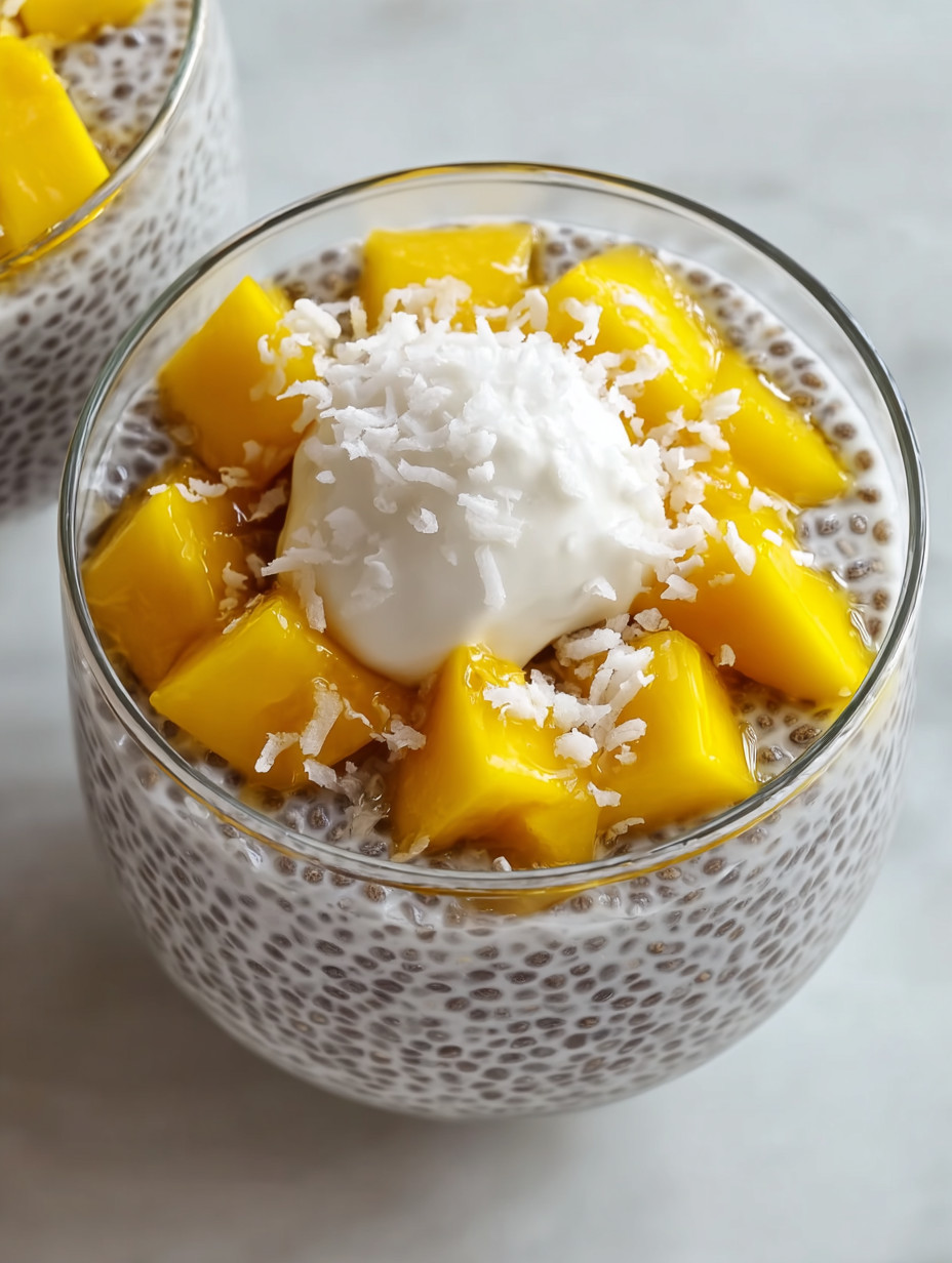 Ein Glas mit Mango-Chia-Seed-Pudding, das mit einer Schicht von Coconut-Milch und einer Schicht von Mango-Saft garniert ist.