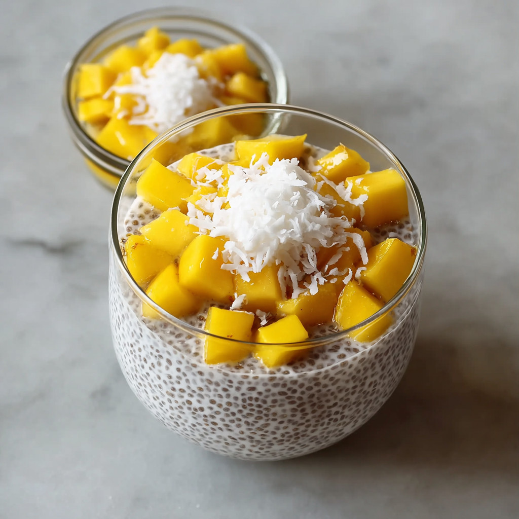 Ein Glas mit Mango-Coconut-Chia-Seed-Pudding, das mit frischem Mango und Coconut-Milch zubereitet wurde.