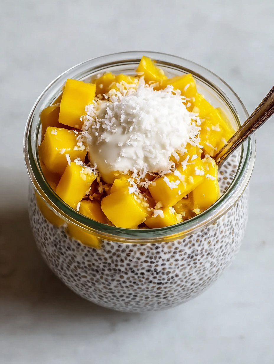 Ein Glas mit Mango-Coconut-Chia-Seed-Pudding, das mit einer Schmelzkugel und einer Schicht von Coconut Milch garniert wird.