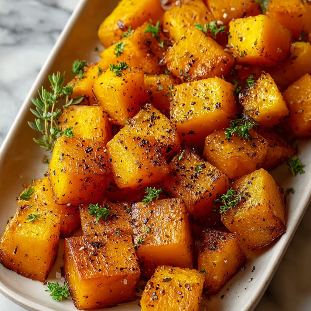Ein weißer Teller mit roasteten Butternut-Kürbisstücken.