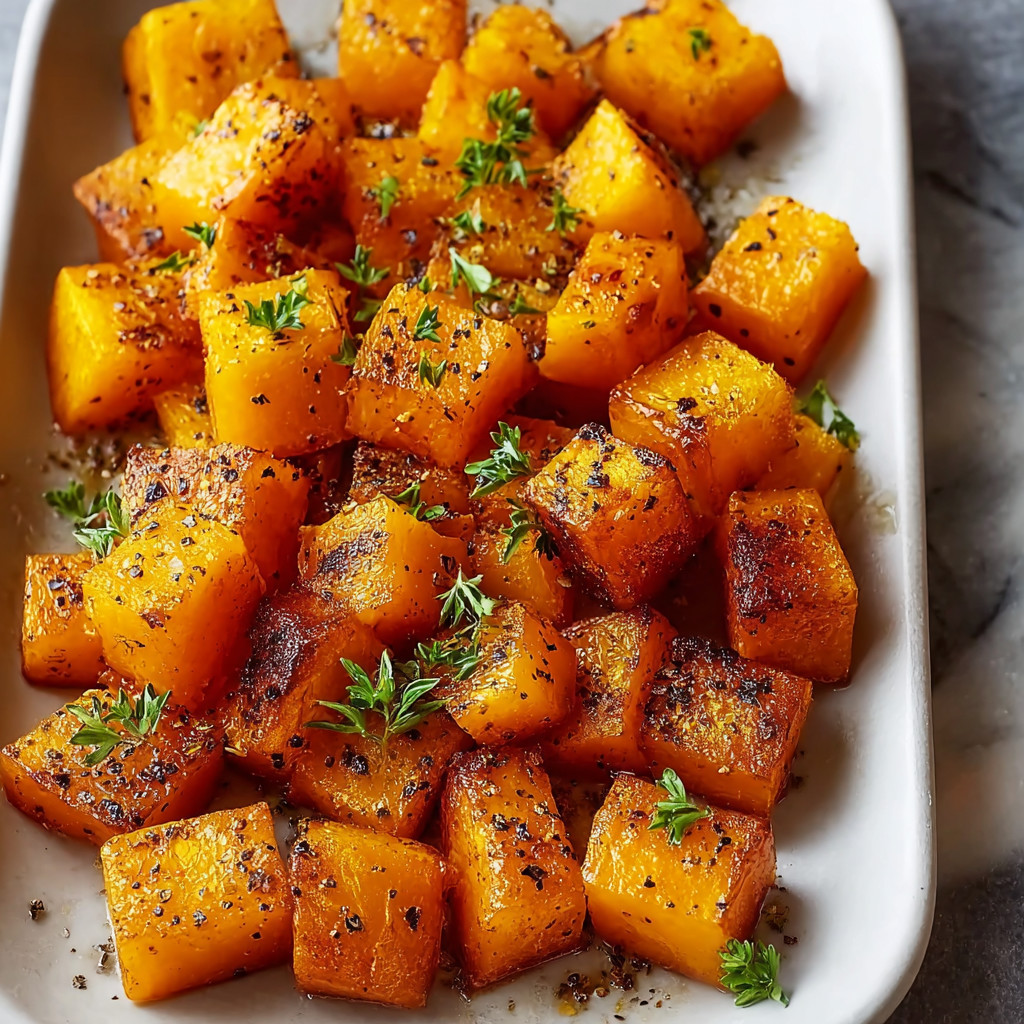 Ein weißer Teller mit roasteten Butternut Squash in verschiedenen Größen und Formen.