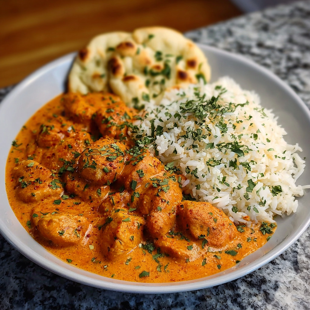 Ein weißer Teller mit Butterchicken, Reis und Naan.