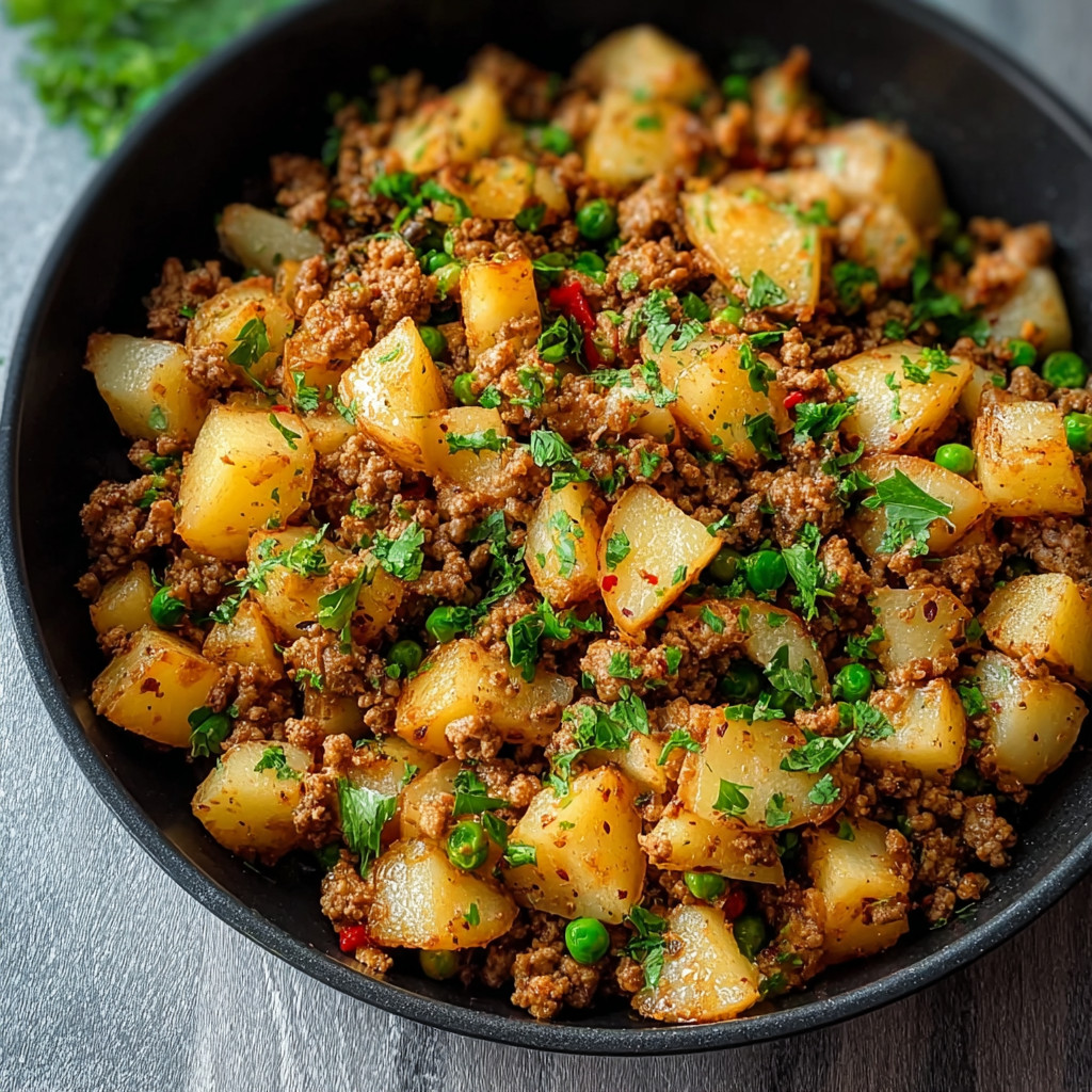 Ein schwarzer Topf mit einer Mischung aus Rindfleisch, Kartoffeln und Zwiebeln.