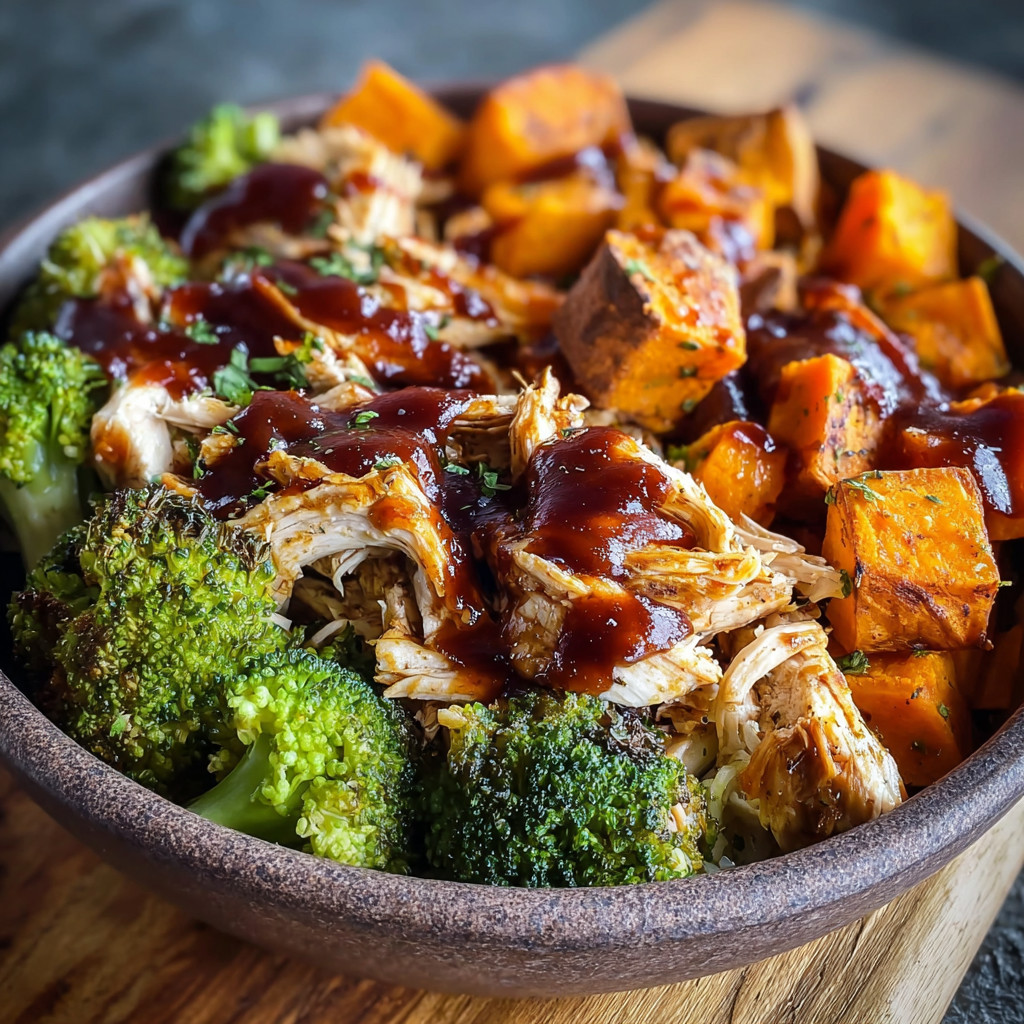 Ein BOWL mit BBQ Chicken &amp; Roasted Sweet Potato.
