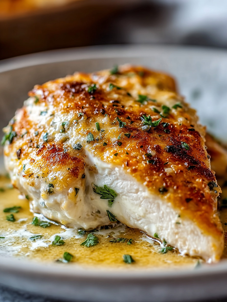 Ein Stück Melt-In-Your-Mouth Chicken Breast auf einem Teller.