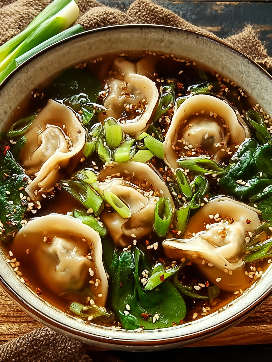 Ein Glas mit einer Mischung aus Gemüse und Nudeln, die in einem Cozy Potsticker Soup enthalten sind.