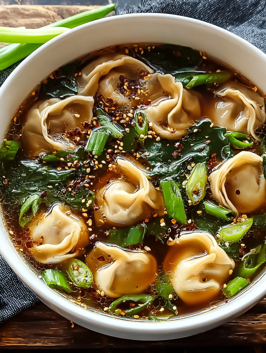 Ein weißer Teller mit einer Mischung aus Gemüse, Gewürzen und Käse, die als Cozy Potsticker Soup bezeichnet wird.
