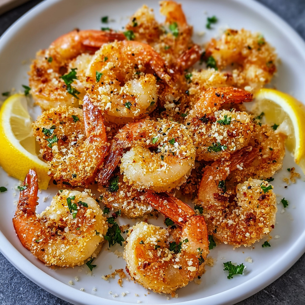 Ein weißer Teller mit leicht gebräunter Shrimp, die in einer Air Fryer zubereitet wurden.