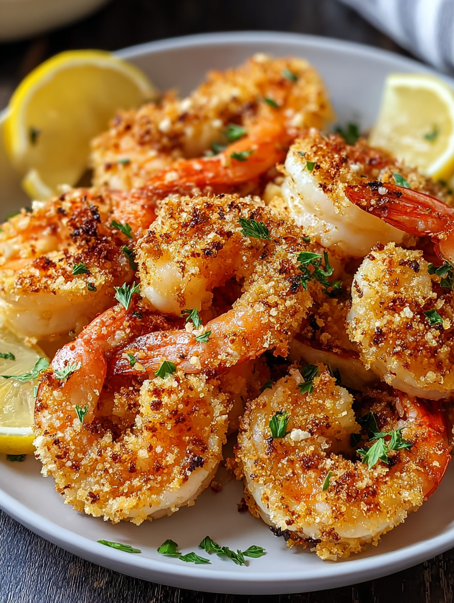 Eine Platte mit Shrimp, die in einem Air Fryer zubereitet wurden, mit Parmesan und Garlic.