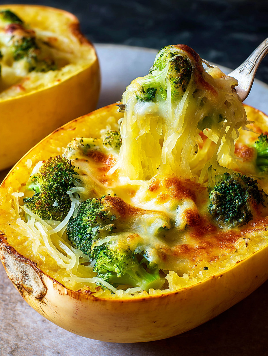 Ein Schälchen mit Spaghetti-Squash, das mit Broccoli und Cheddar-Käse gefüllt ist.