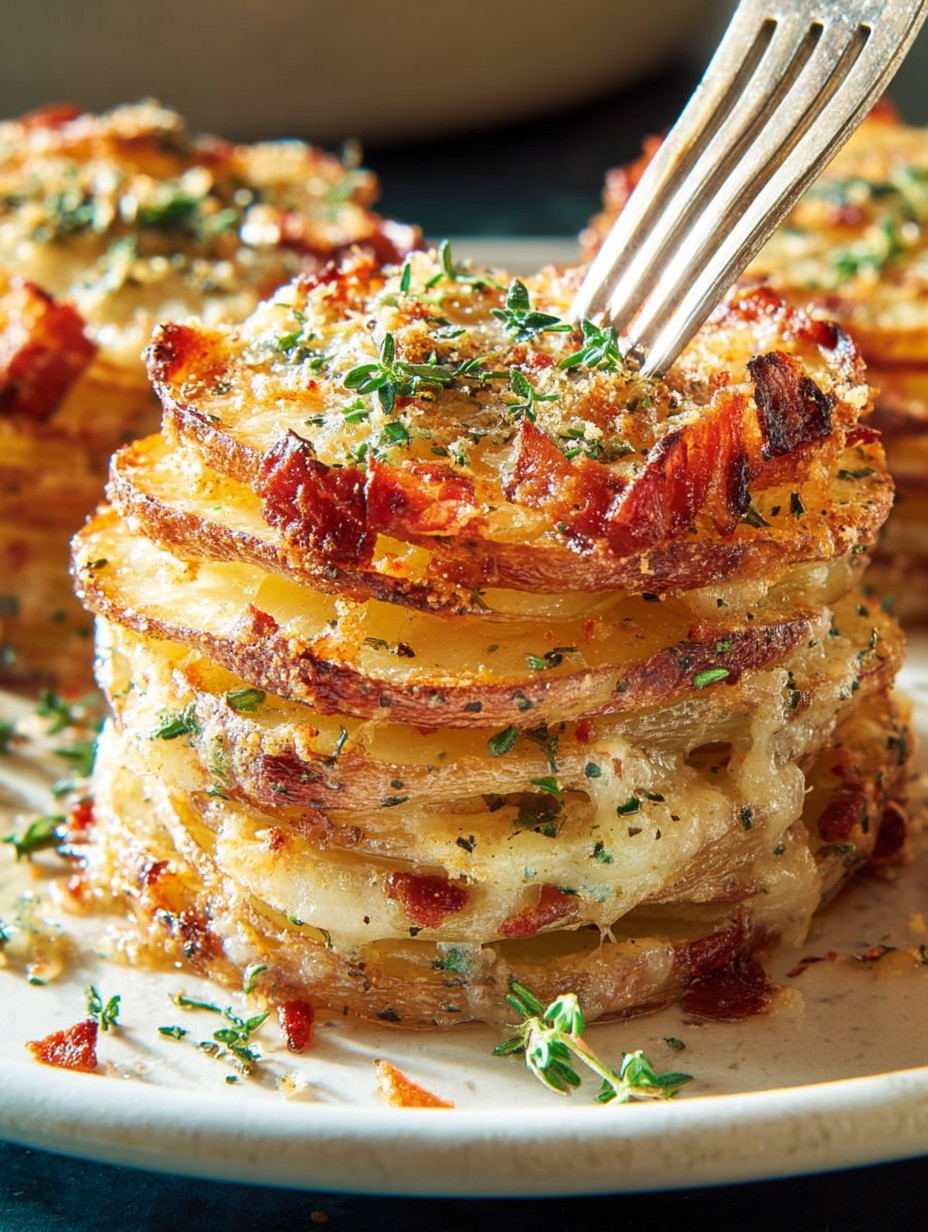 Eine Schicht aus Kartoffeln Au Gratin, die mit Stäbchen ausgestattet sind.