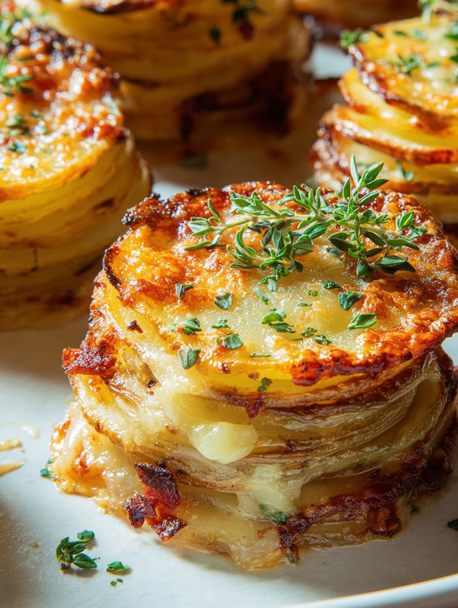 Eine Schicht aus Kartoffeln, die mit Käse und Kräutern garniert sind.