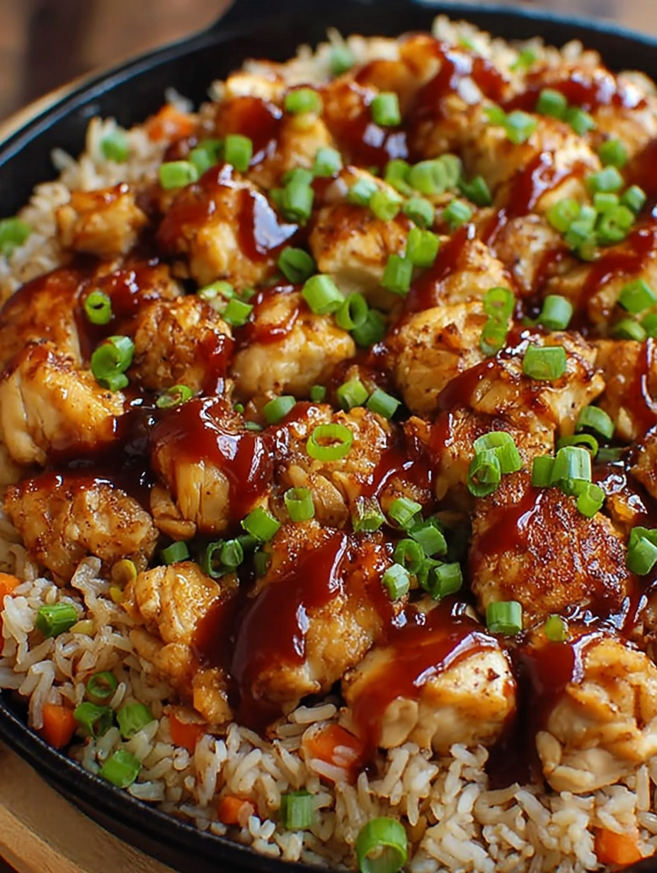 Ein Bild von Honey BBQ Chicken Rice, das als 1-Pan-Familienabend (50 Min) beschrieben wird.