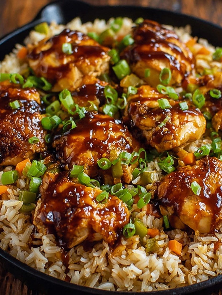 Ein Bild von Honey BBQ Chicken Rice, das als 1-Pan-Familienabend (50 Min) präsentiert wird.